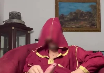 Arab Guy Wearing Jellaba Showing off and Edging His Fat Muslim Dick Before Cumming