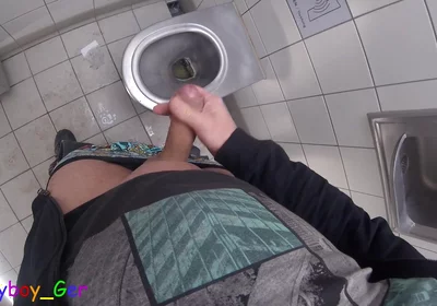 I Pee and Jerk off My Thick, Shaved Foreskin Cock Until I Cum a Large Load in a Motorway Toilet.