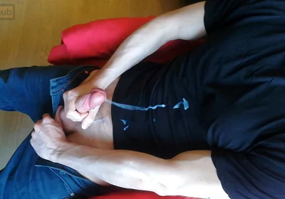 Horny Jock Shoots a Big Load All Over His T-shirt