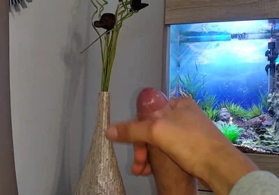 Hot Young Guy Wanks His Nice Big Cock Until He Cums Slowly in Front of the Aquarium