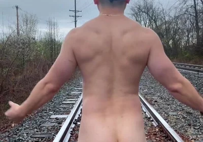 Rain-soaked Railroad Exhibition Muscular Asian Hunk Strips, Flexes, Cums Hard & Marks His Territory