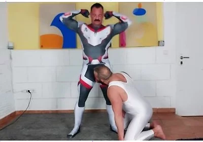 Muscle Daddy - Muscle Man Tries On Spandex Cosplay Suit With The Help Of His Muscle Stepdaddy