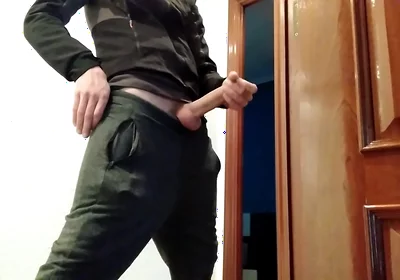 Handjob From Hot Amateur Guy with Big Cock, Shoots at the Door