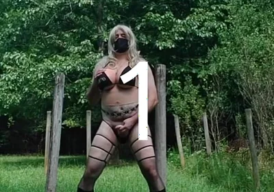 Huge Fake Tits Crossdresser in a Bikini Outside Jacking off