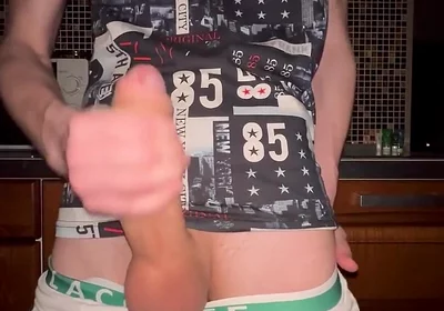 Twink pulls off his Panties and Jerks Off his Huge 23 cm Cock